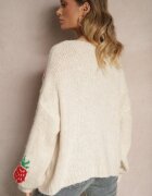 jumelle Cardigan Bej deschis Legat din Lână și Viscoză cu Model Decorativ cu Căpșuni Cesirae