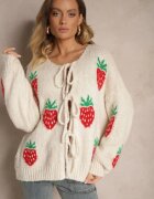 jumelle Cardigan Bej deschis Legat din Lână și Viscoză cu Model Decorativ cu Căpșuni Cesirae