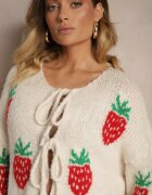 jumelle Cardigan Bej deschis Legat din Lână și Viscoză cu Model Decorativ cu Căpșuni Cesirae