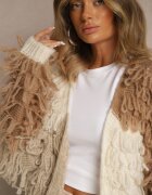 jumelle Cardigan Bej Fără închidere Cu amestec de lână Decorat cu imitație de pene Lanitia