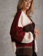 jumelle Cardigan Bordeaux cu amestec de Lână și Viscoză în stil Patchwork Fesolinne