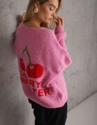 jumelle Cardigan Fuchsia cu amestec de lână cu inscripție și cireașă Benana