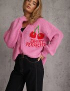 jumelle Cardigan Fuchsia cu amestec de lână cu inscripție și cireașă Benana