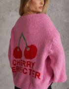 jumelle Cardigan Fuchsia cu amestec de lână cu inscripție și cireașă Benana