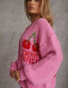 jumelle Cardigan Fuchsia cu amestec de lână cu inscripție și cireașă Benana
