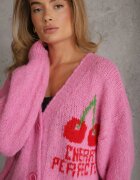 jumelle Cardigan Fuchsia cu amestec de lână cu inscripție și cireașă Benana