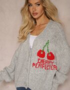 jumelle Cardigan Gri cu Amestec de Lână cu Inscripție și Cireș Benana