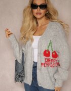 jumelle Cardigan Gri cu Amestec de Lână cu Inscripție și Cireș Benana