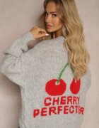 jumelle Cardigan Gri cu Amestec de Lână cu Inscripție și Cireș Benana