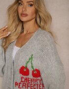 jumelle Cardigan Gri cu Amestec de Lână cu Inscripție și Cireș Benana
