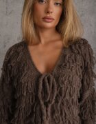 jumelle Cardigan Maro deschis cu Legătură și Franjuri cu Amestec de Lână și Viscoză Tiseana