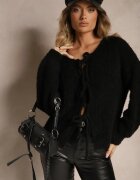 jumelle Cardigan Negru cu Lână Bumbac și Viscoză Decorat cu Legătură Lilassea