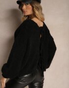 jumelle Cardigan Negru cu Lână Bumbac și Viscoză Decorat cu Legătură Lilassea