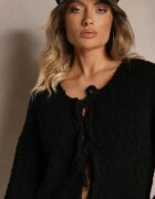 jumelle Cardigan Negru cu Lână Bumbac și Viscoză Decorat cu Legătură Lilassea