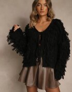 jumelle Cardigan Negru cu Legătură și Franjuri cu Amestec de Lână și Viscoză Tiseana