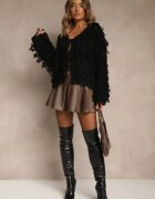 jumelle Cardigan Negru cu Legătură și Franjuri cu Amestec de Lână și Viscoză Tiseana