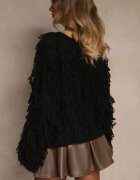 jumelle Cardigan Negru cu Legătură și Franjuri cu Amestec de Lână și Viscoză Tiseana