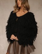 jumelle Cardigan Negru cu Legătură și Franjuri cu Amestec de Lână și Viscoză Tiseana