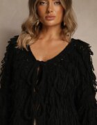 jumelle Cardigan Negru cu Legătură și Franjuri cu Amestec de Lână și Viscoză Tiseana