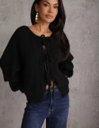 jumelle Cardigan Negru din Lână Croi Oversize cu Funde Legate Elearina