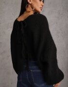 jumelle Cardigan Negru din Lână Croi Oversize cu Funde Legate Elearina