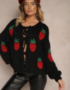 jumelle Cardigan Negru Legat cu Lână și Vâscoză cu Model Decorativ cu Căpșuni Cesirae