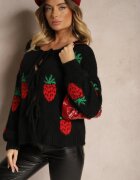 jumelle Cardigan Negru Legat cu Lână și Vâscoză cu Model Decorativ cu Căpșuni Cesirae