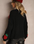 jumelle Cardigan Negru Legat cu Lână și Vâscoză cu Model Decorativ cu Căpșuni Cesirae