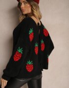 jumelle Cardigan Negru Legat cu Lână și Vâscoză cu Model Decorativ cu Căpșuni Cesirae