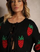 jumelle Cardigan Negru Legat cu Lână și Vâscoză cu Model Decorativ cu Căpșuni Cesirae
