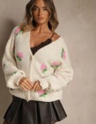 jumelle Cardigan oversize bej deschis cu adaos de lână floral Nelenesa