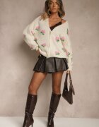 jumelle Cardigan oversize bej deschis cu adaos de lână floral Nelenesa
