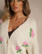 jumelle Cardigan oversize bej deschis cu adaos de lână floral Nelenesa
