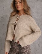 jumelle Cardigan tip batwing cu închidere tip cravată cu model ajurat și adaos de lână Paleris Bej