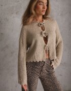 jumelle Cardigan tip batwing cu închidere tip cravată cu model ajurat și adaos de lână Paleris Bej