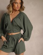jumelle Compleu 2 piese Verde închis Bluză cu decolteu adânc Pantaloni scurți cu elastic în talie Gemvia