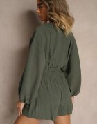 jumelle Compleu 2 piese Verde închis Bluză cu decolteu adânc Pantaloni scurți cu elastic în talie Gemvia
