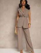 jumelle Compleu de costum bej închis Vestă cu legătură și Pantaloni largi Davielis
