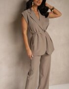 jumelle Compleu de costum bej închis Vestă cu legătură și Pantaloni largi Davielis