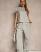 jumelle Compleu Gri din Viscoză Pantaloni Largi și Tricou cu Umeri Buretați Neidra