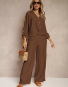 jumelle Compleu Maro din Viscoză stil oversize Pantaloni Lari și Cămașă Lejeră cu Nasturi Natinne