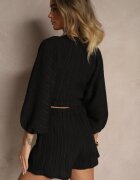 jumelle Compleu Negru 2-Piese Bluză cu Decolteu Adânc Pantaloni scurți cu Elastic în Talie Gemvia