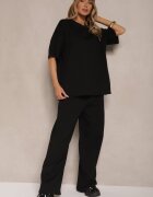 jumelle Compleu Negru din Bumbac Tricou cu Decupaje și Pantaloni cu Croială Largă Elpiola