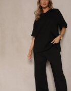 jumelle Compleu Negru din Bumbac Tricou cu Decupaje și Pantaloni cu Croială Largă Elpiola