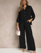 jumelle Compleu Negru din Viscoză Stil Oversize Pantaloni Largi și Cămașă Largă cu Nasturi Natinne