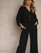 jumelle Compleu Negru din Viscoză Stil Oversize Pantaloni Largi și Cămașă Largă cu Nasturi Natinne