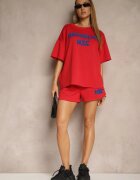 jumelle Compleu Roșu din Viscoză Croi Oversize Tricou și Pantaloni scurți Lirafina