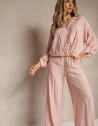 jumelle Compleu Roz din Viscoză Stil Oversize Pantaloni Largi și Cămașă Lejeră cu Nasturi Natinne