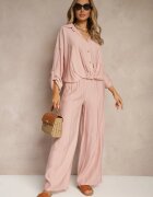 jumelle Compleu Roz din Viscoză Stil Oversize Pantaloni Largi și Cămașă Lejeră cu Nasturi Natinne