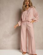 jumelle Compleu Roz din Viscoză Stil Oversize Pantaloni Largi și Cămașă Lejeră cu Nasturi Natinne